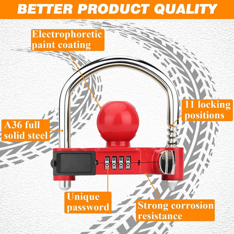 Funmit Trailer Lock Universal Hitch Lock with Combination Lock, fit 1-7/8", 2", 2-5/16" Coupler, Camper Accessories for Travel Trailers Boats Trucks Rvs Red - Image 2